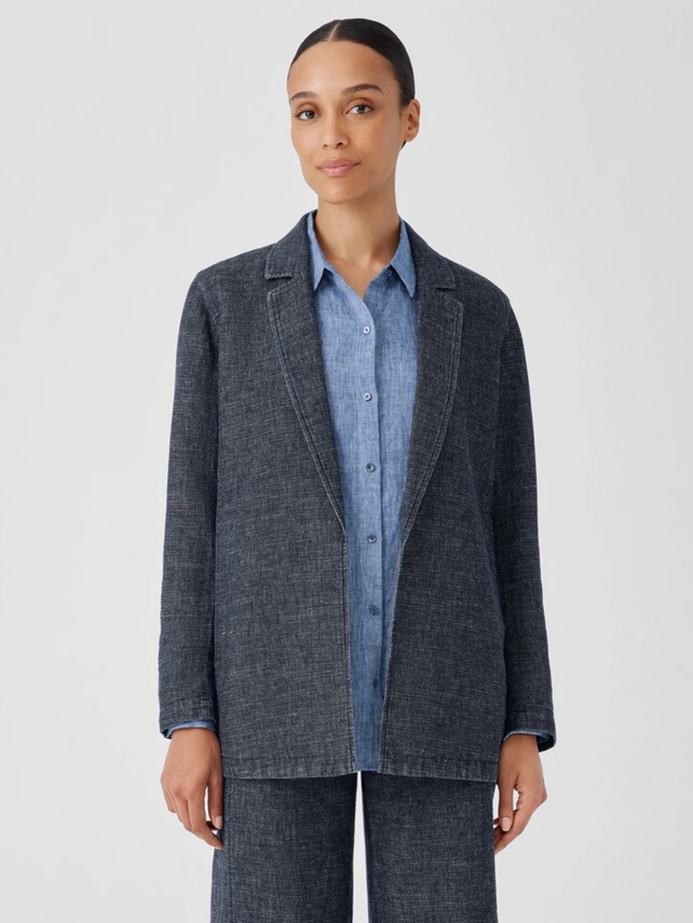 Eileen Fisher 3X Tweedy Hemp Organic Cotton Long Blazer Jacket NWOT Blue